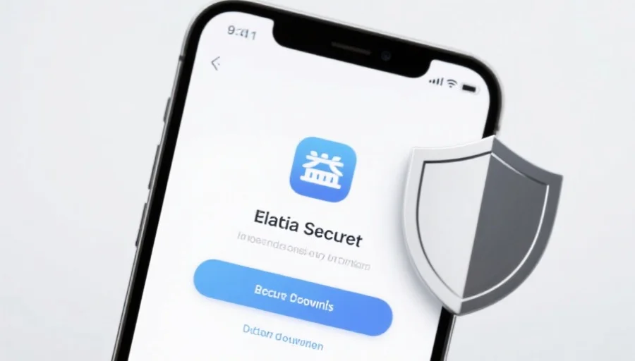 一部现代智能手机屏幕上显示新城应用的安全下载界面，旁边有安全盾牌图标，背景简洁